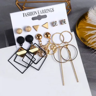 Trendy Black Square Golden Earrings Set (6 pairs)